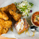 CRISPY FRIED CHICKEN with local clover honey, Just a good southern fried chicken, honey-butter biscuit, jalapeno coleslaw, and a cup of soup