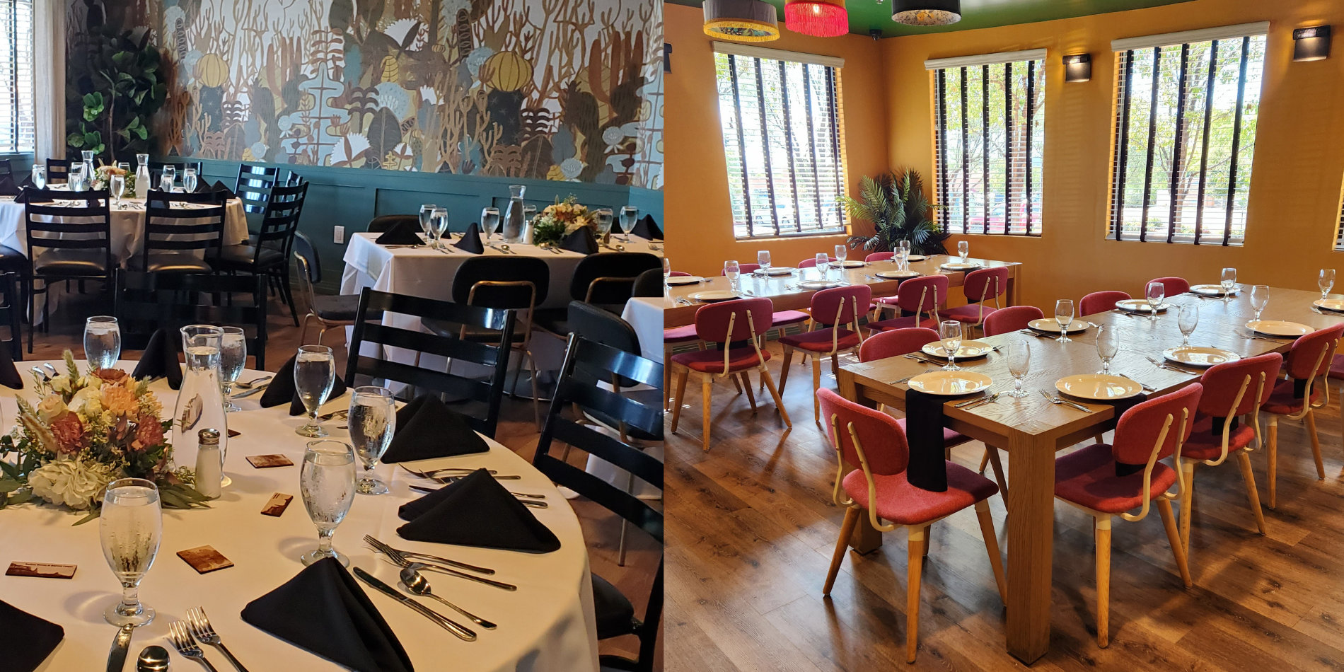 The photo showcases two distinct dining setups inside Rascal, a modern American diner and event venue located in Sedona, Arizona. On the left, there is an elegant dining area with white tablecloths, black napkins, and black chairs, accented by a large, intricate mural of underwater flora. On the right, the setting is more casual with a warm ambiance, featuring wooden tables, red chairs, and natural light streaming in through blinds-covered windows, providing a cozy and inviting atmosphere for events.